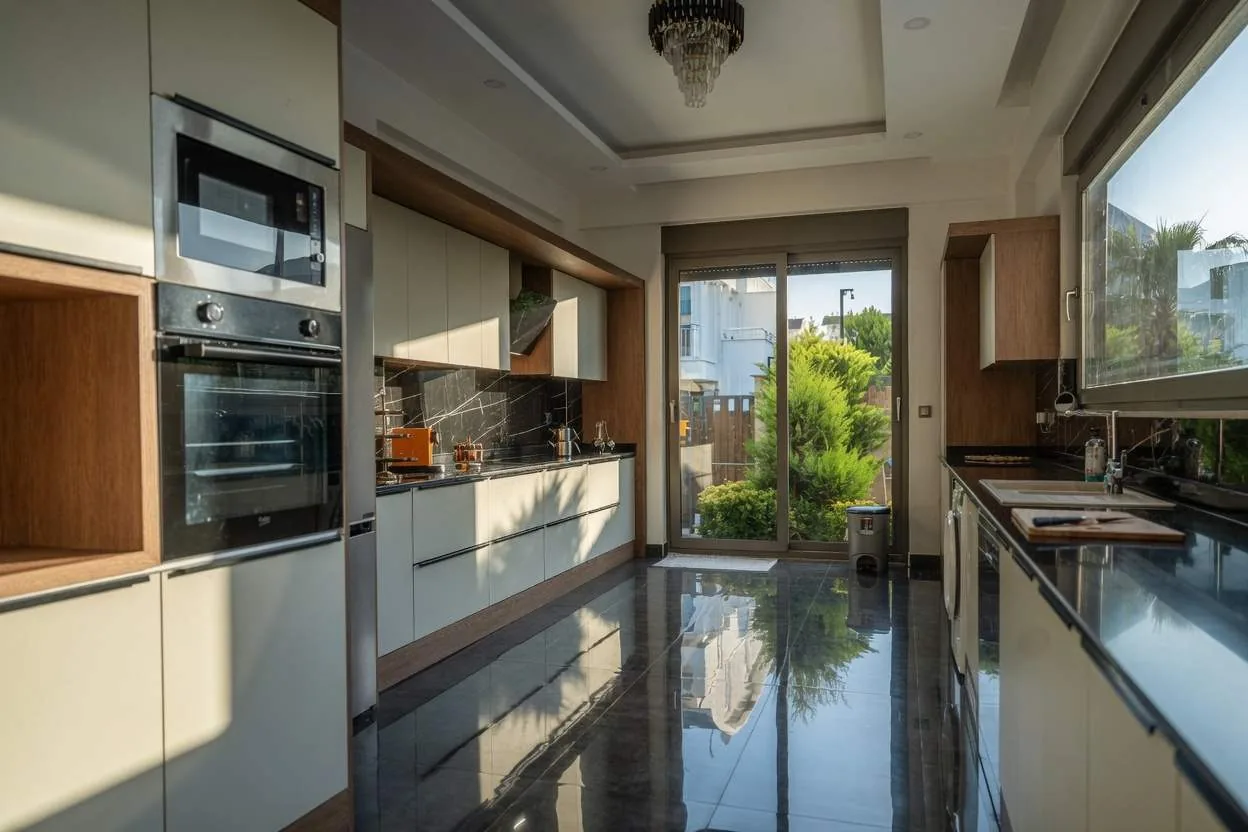 Fully equipped kitchen with built-in ovens and chandelier