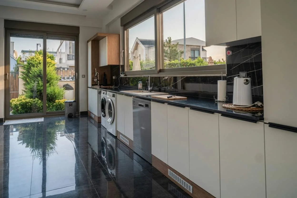 Kitchen worktops with garden view through wide windows