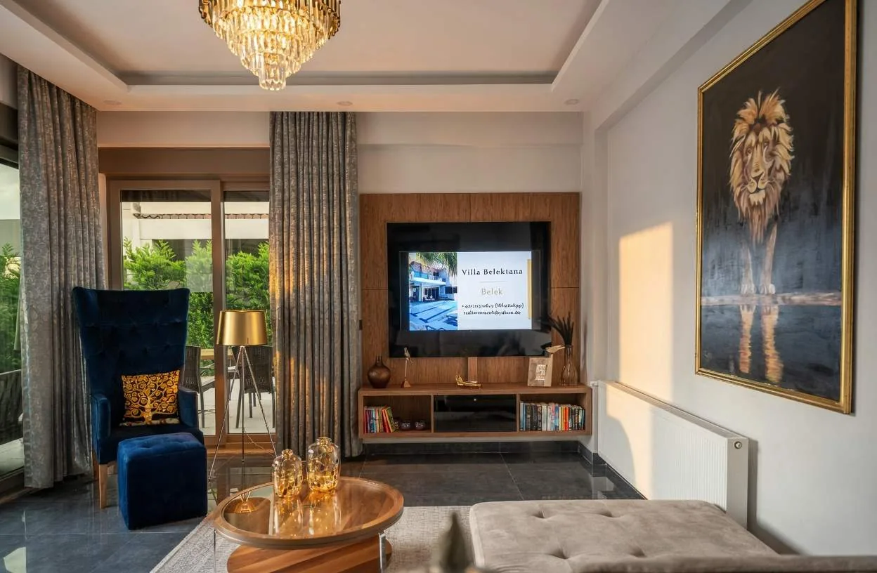 Living room with chandelier and velvet armchair