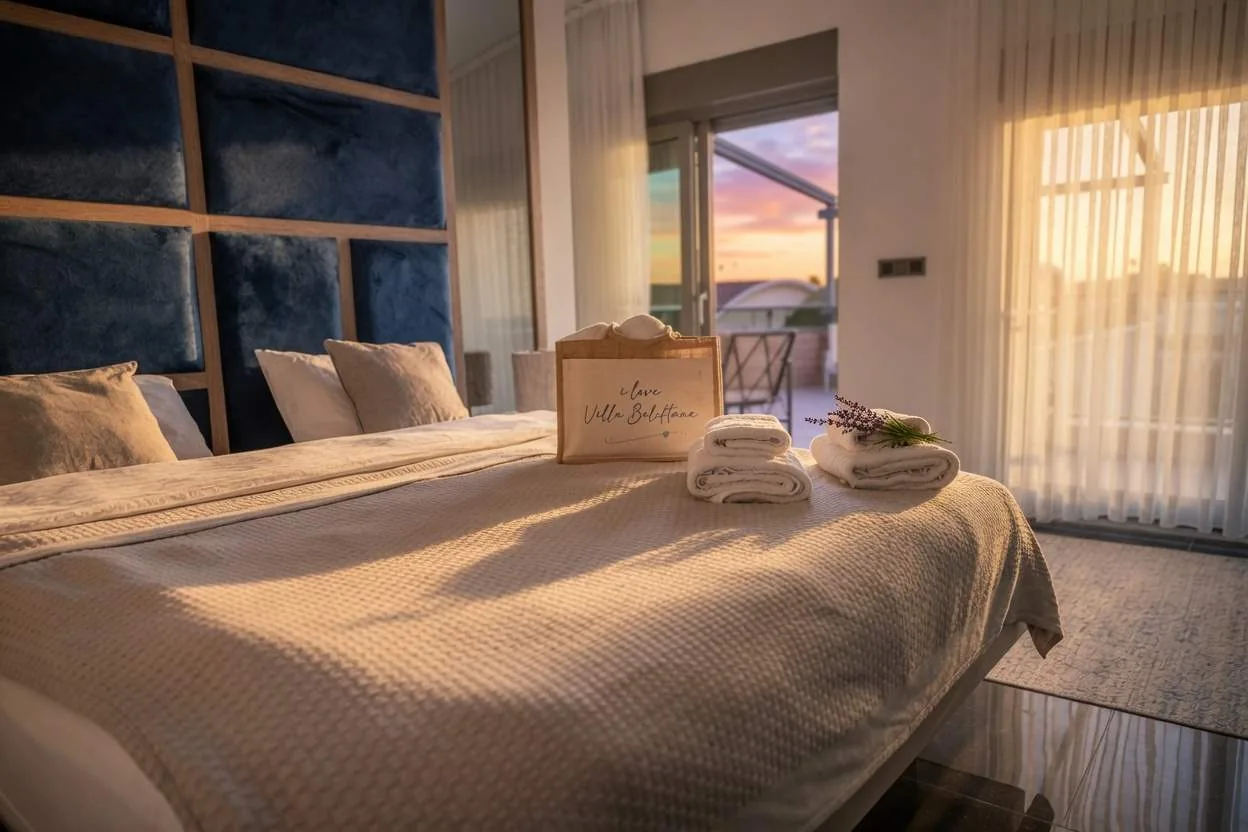 Master bedroom at sunset with fresh towels and lavender