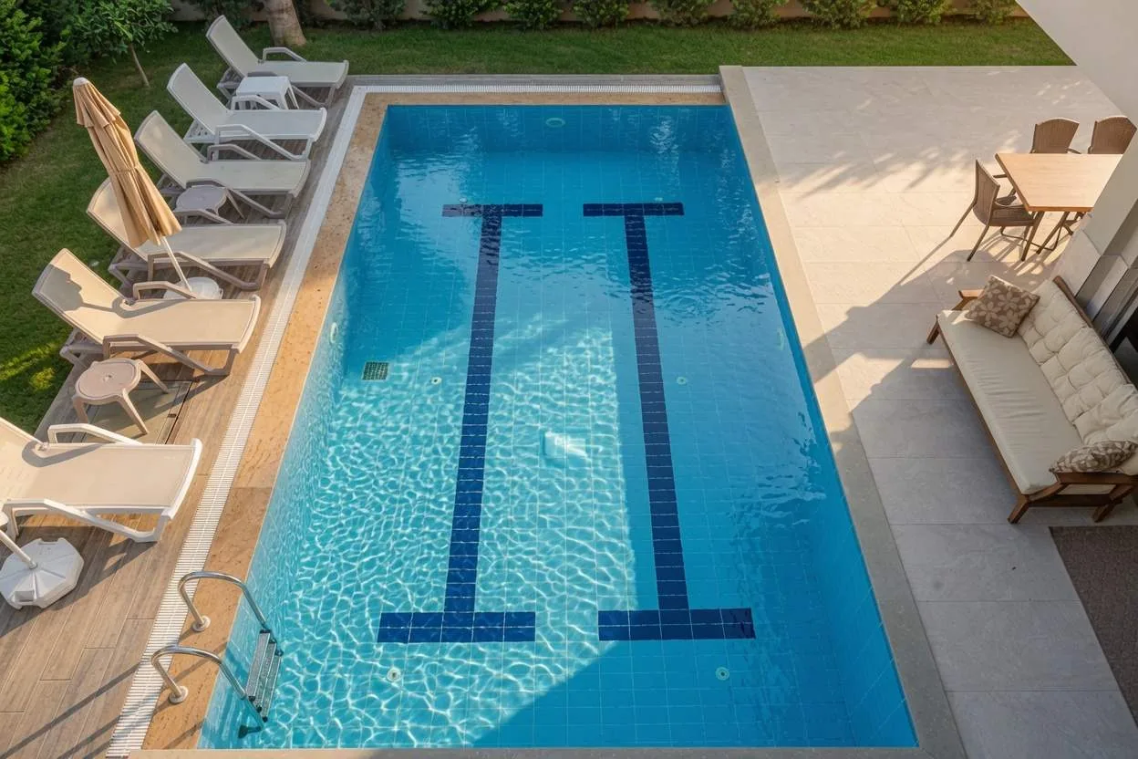 Private swimming pool with sun loungers seen from above